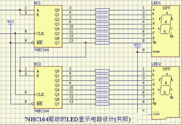 一例74HC164驱动的LED显示电路(共阳)