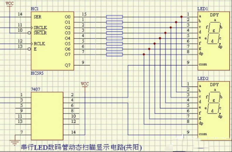 一例串行LED数码管的动态扫描显示电路(共阳)