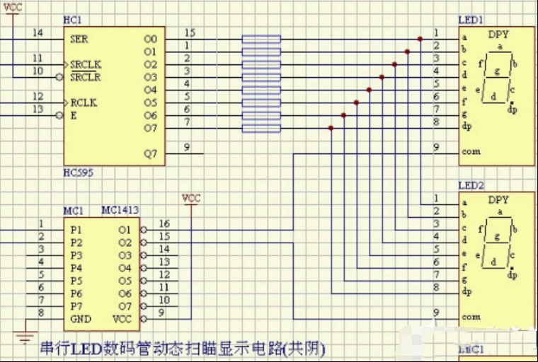 一例串行LED数码管动态扫描显示电路(共阴)