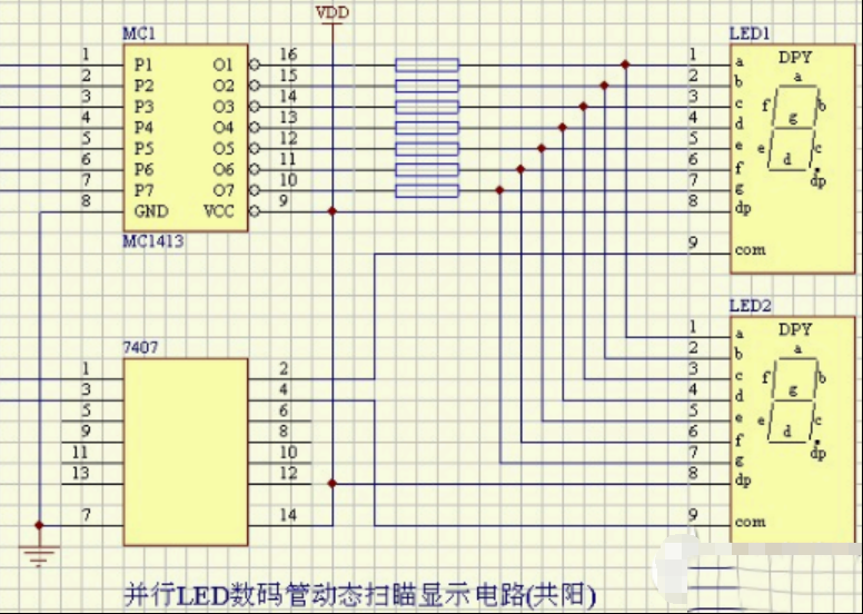 一例并行LED数码管动态扫描的显示电路(共阳)