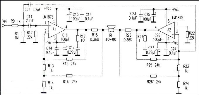 两片LM1875构成BTL功率放大电路