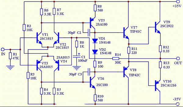 100W互补功率放大器