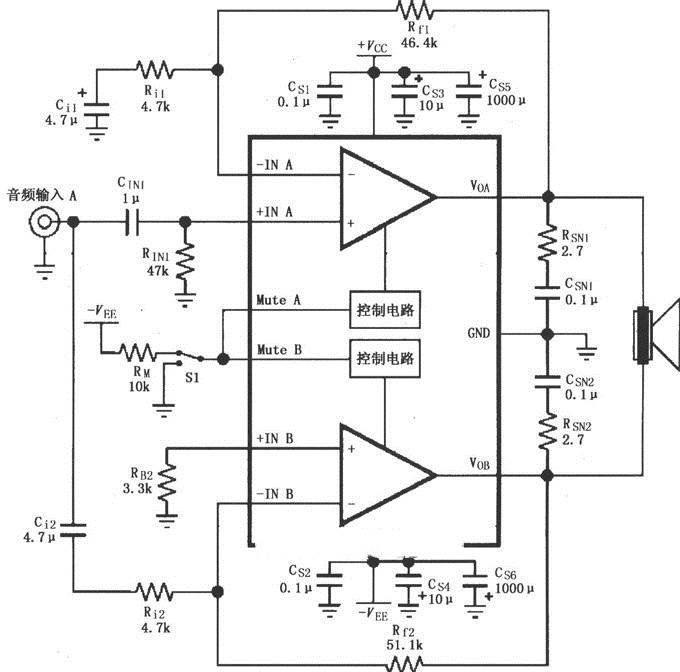 由LM4780内部两个放大器构成的电桥输出的功放★_电路
