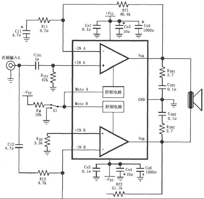 由LM4732内部两个放大器构成的电桥输出的功放★_电路