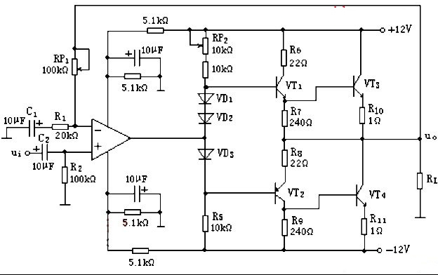 运放推动的OCL准互补功放★_电路