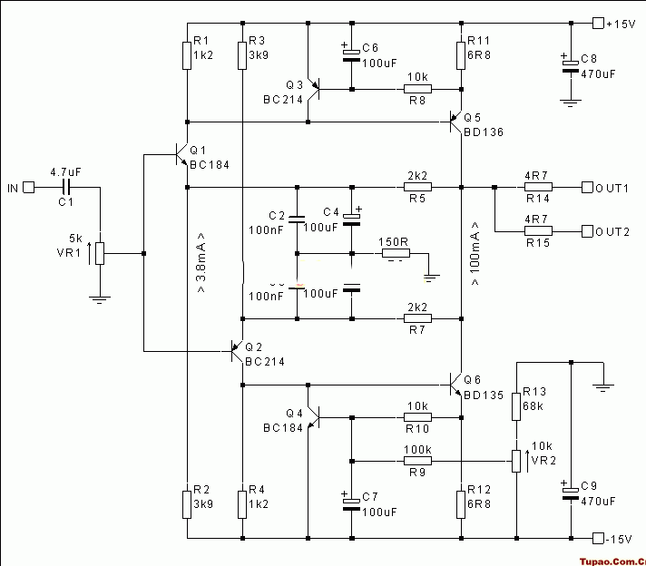 分享用两个分立元件晶体管甲类耳放电路图