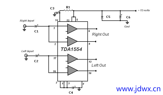 基于TDA1554的22瓦立体声功率放大器电路