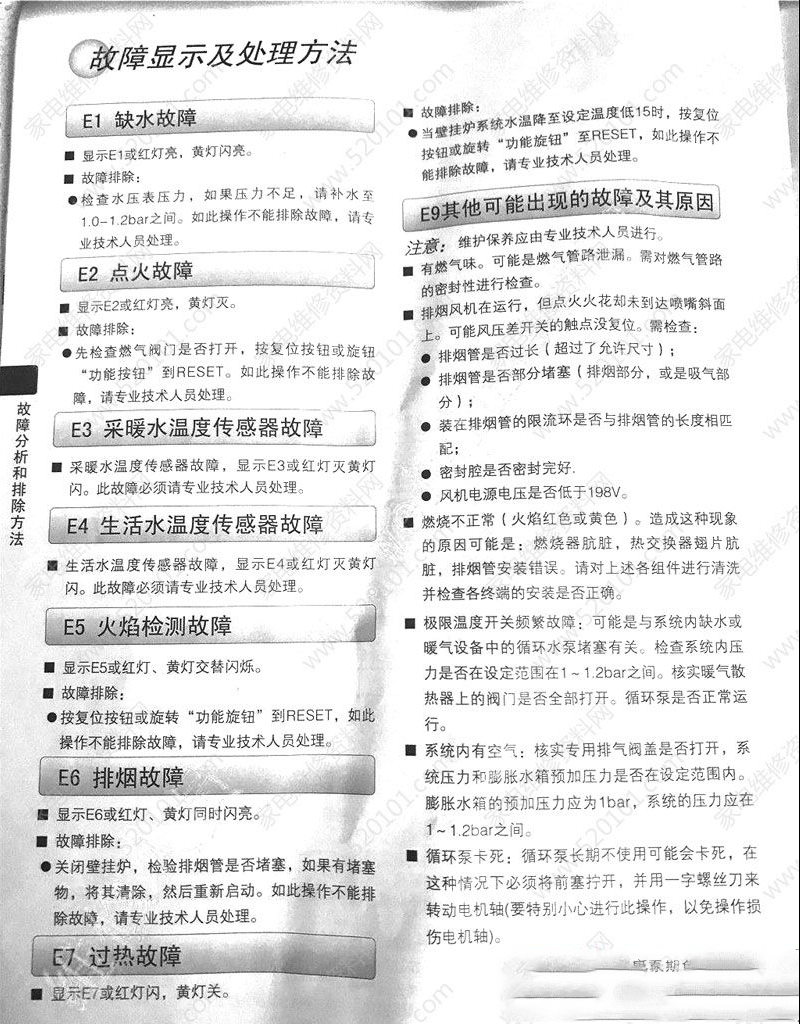 沃喜燃气壁挂炉故障代码与故障解决方法
